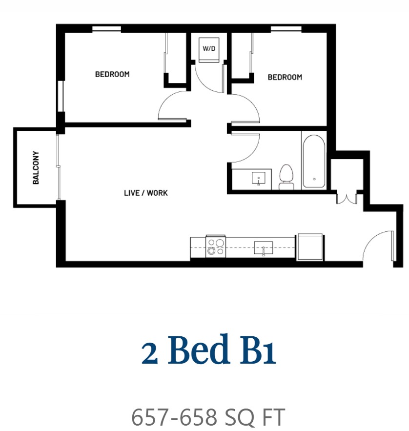 Floor plan for 2 beds, 1 bath, 685 sqft